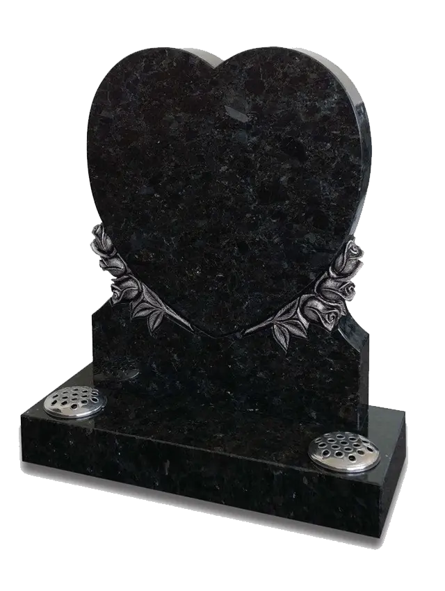 Brinsley Volga Blue granite heart memorial with antique-finish roses