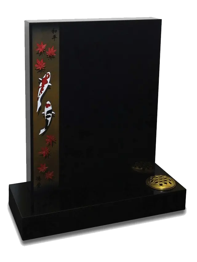 Giltbrook polished black granite memorial with koi carp artwork