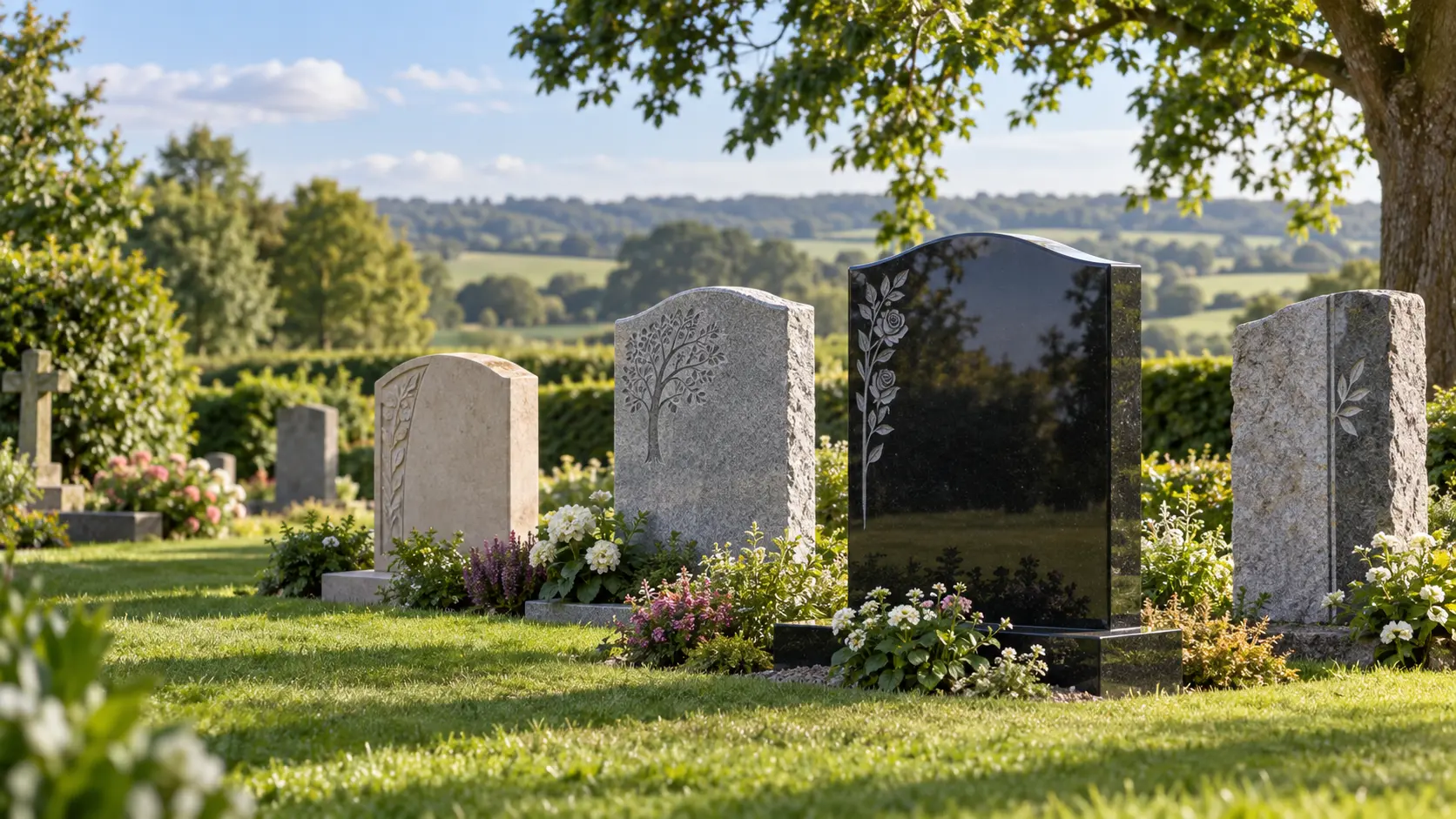 Handcrafted granite and natural-stone memorials in a rural English cemetery