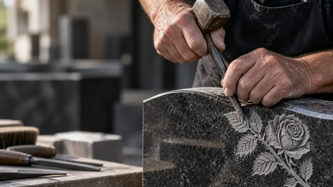 Memorial mason hand-carving a rose into polished granite