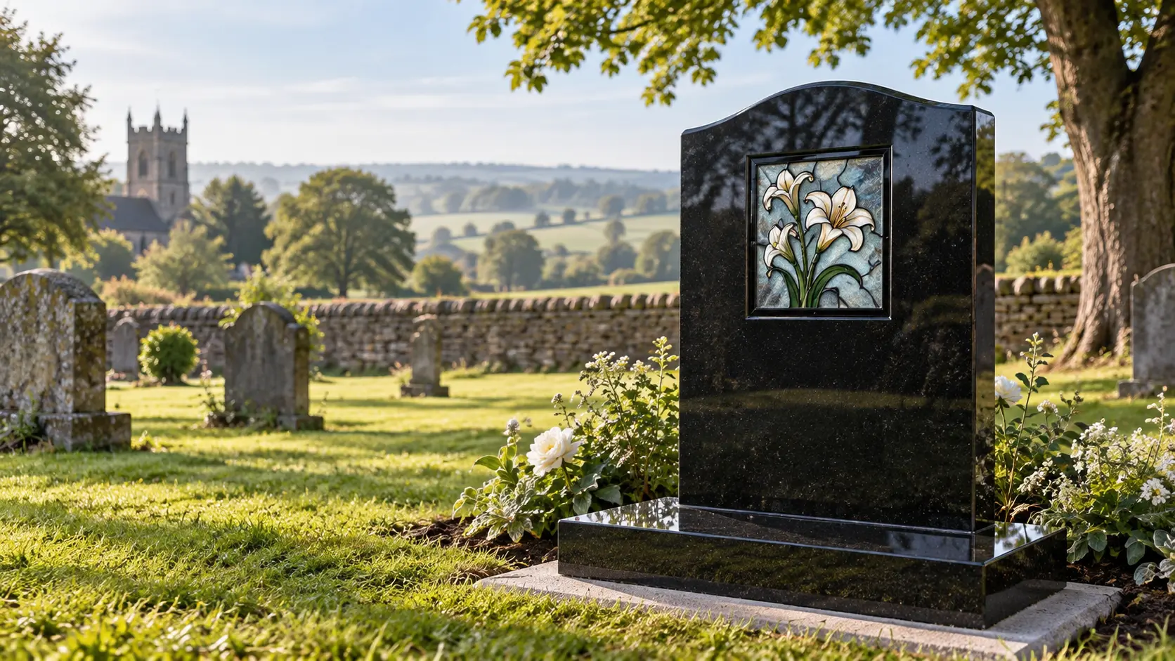 Bespoke polished granite headstone in an English country cemetery